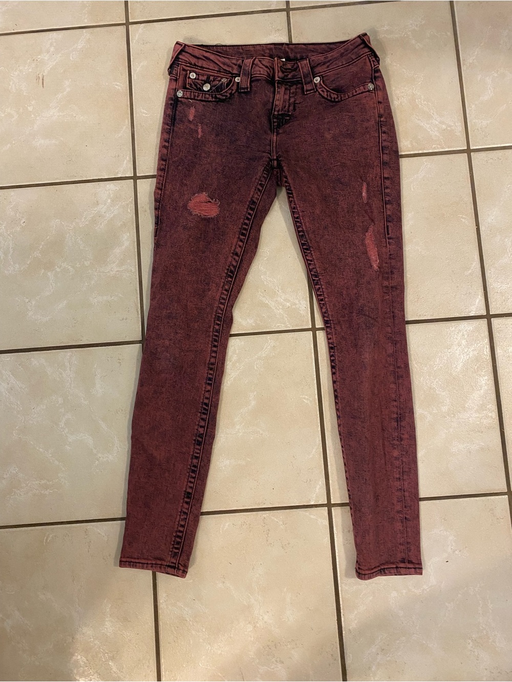 True Religion Super Skinny Distressed Marbled Crimson Wash Jeans Size 26